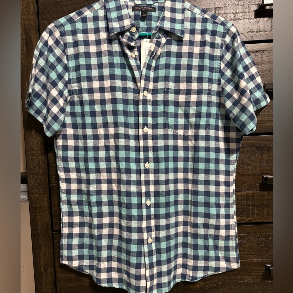 Banana Republic Plaid Button Down Short Sleeve Shirt Teal Blue green - Picture 2 of 7